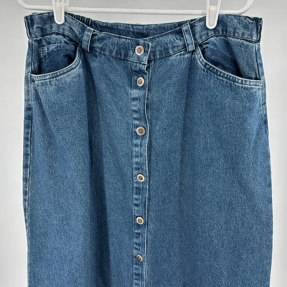 Sun River Women's Blue denim button front velvet trim Maxi Skirt L boho cotton